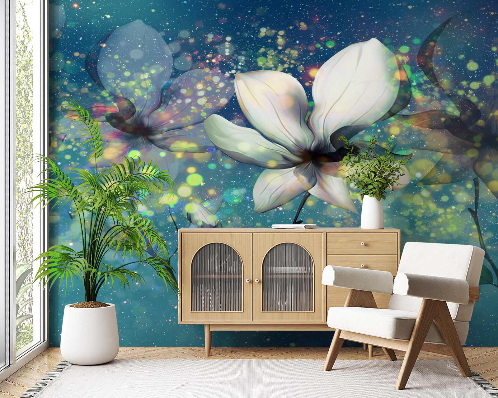 Fotobehang een bloem van wit in een nacht bezaaid met sterren