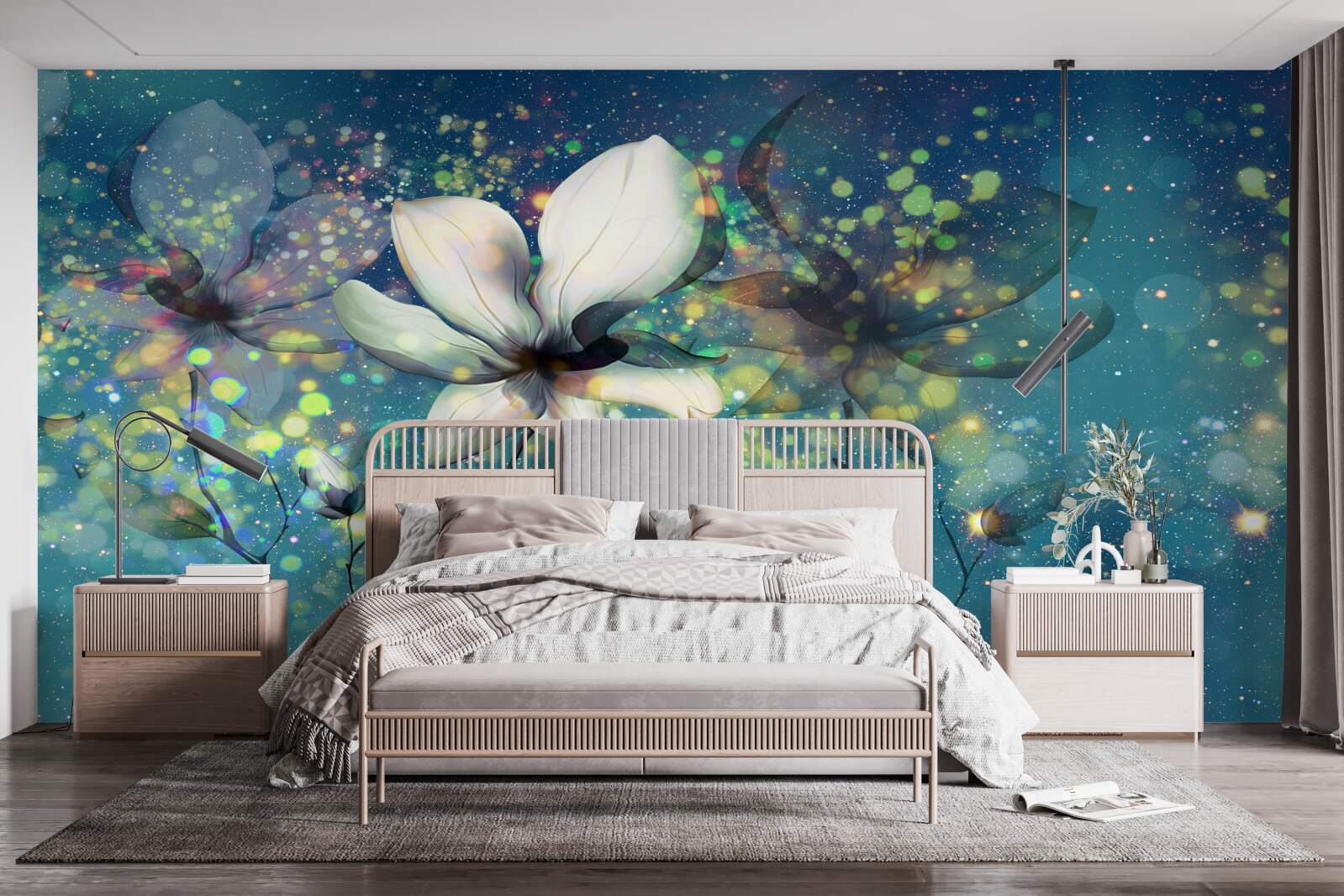 Fotobehang een bloem van wit in een nacht bezaaid met sterren