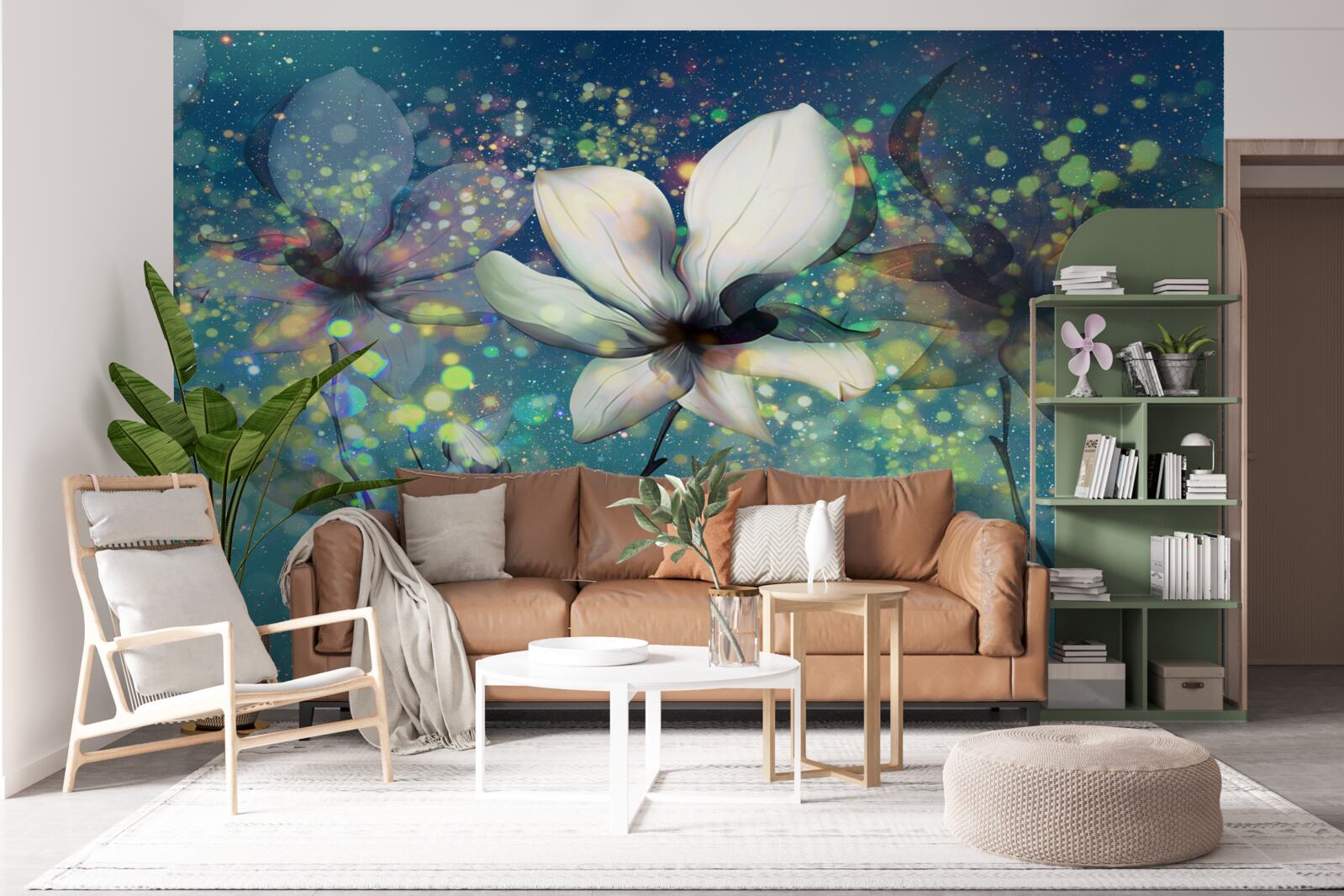 Fotobehang een bloem van wit in een nacht bezaaid met sterren