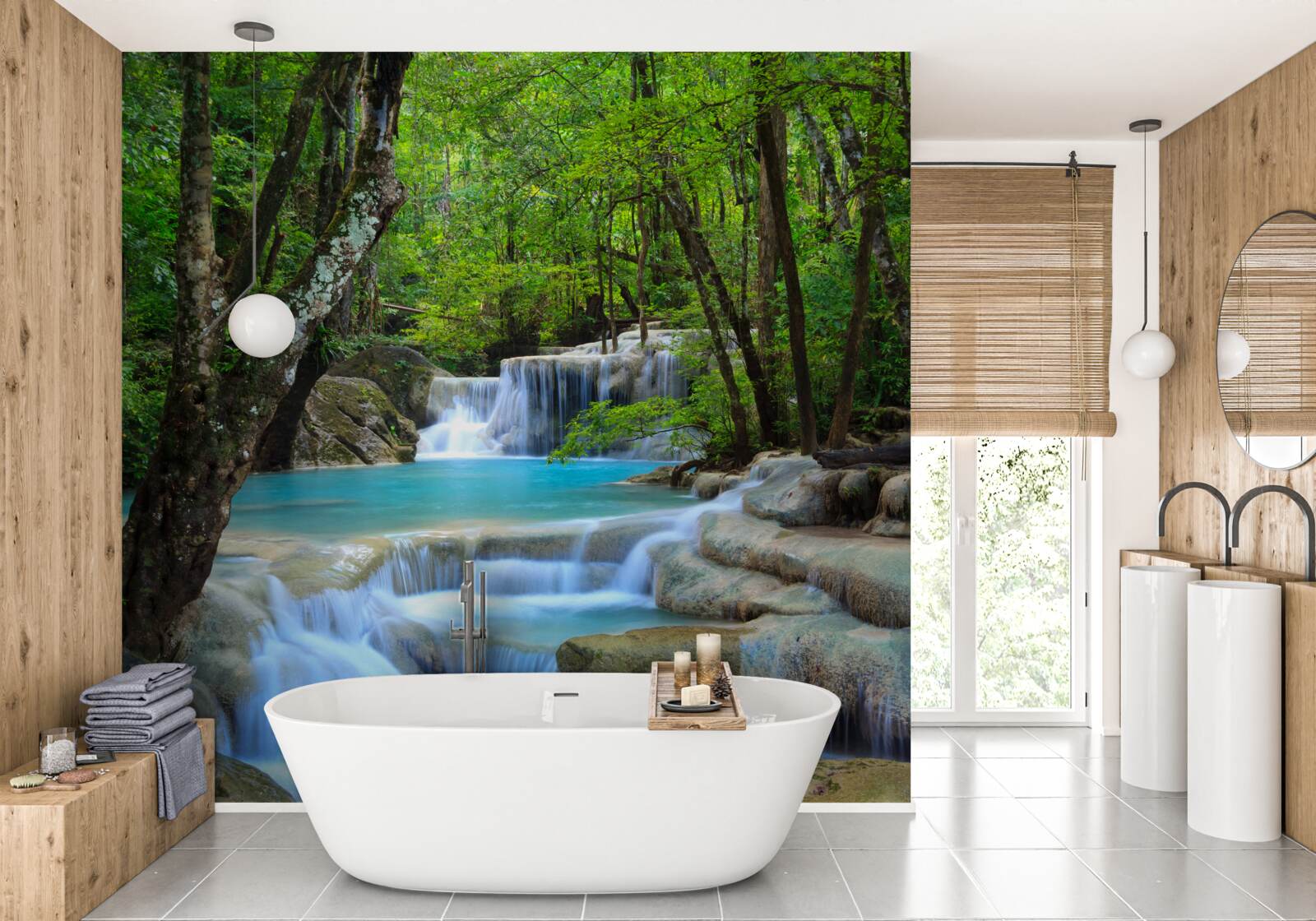 Fotobehang het water van de boswaterval is helder en blauw