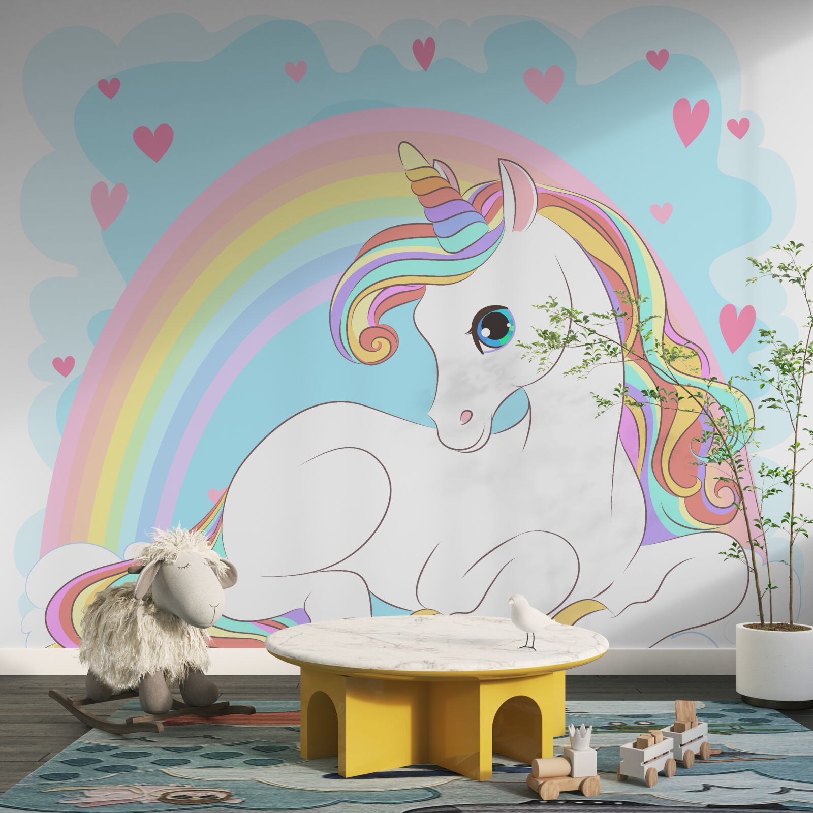 Fotobehang eenhoorn op regenboogachtergrond