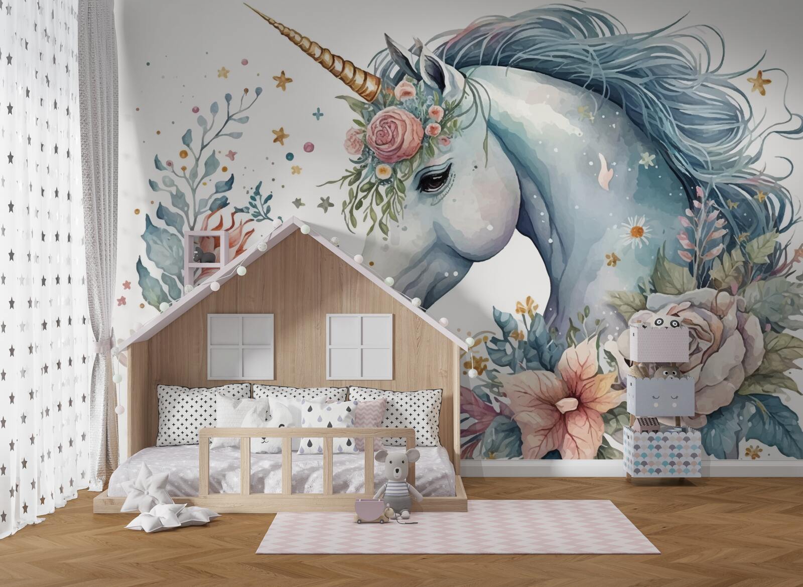Fotobehang bloemen eenhoorn