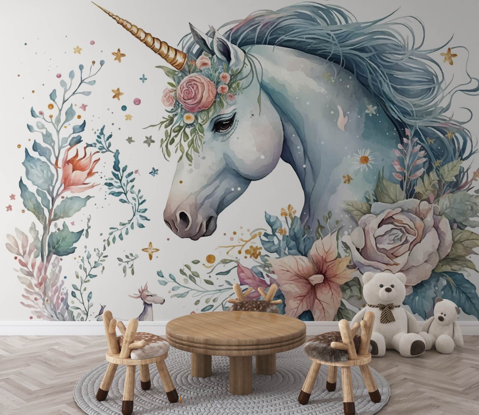 Fotobehang bloemen eenhoorn