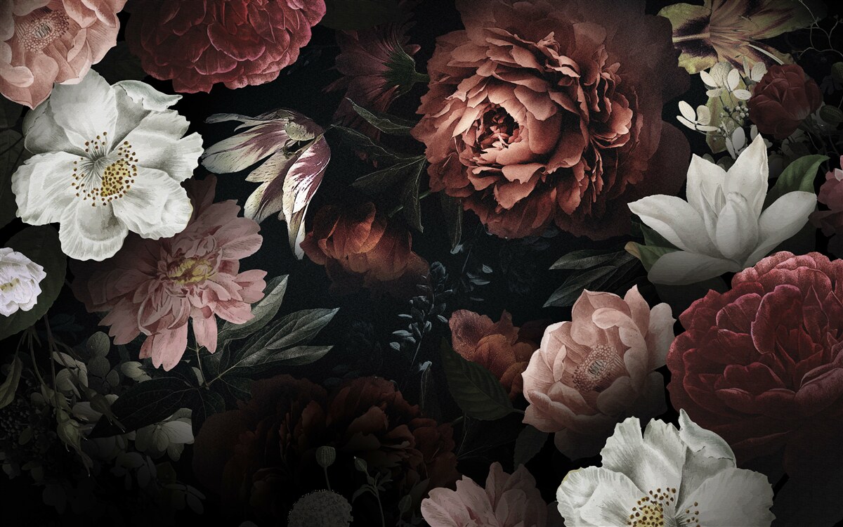 Fotobehang bloemen in verschillende tinten op een zwarte achtergrond