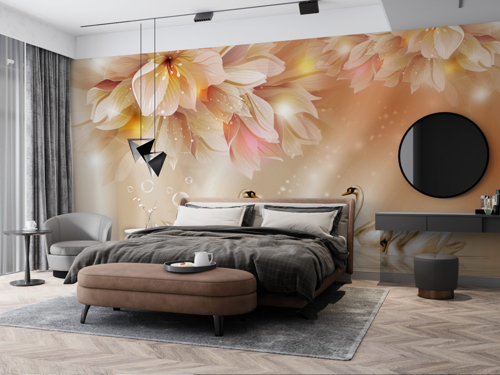 Fotobehang bloemen en een groep sierlijke zwanen op het wateroppervlak