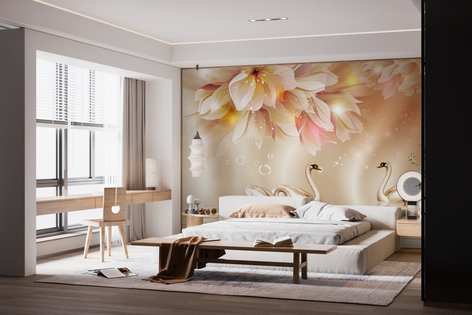 Fotobehang bloemen en een groep sierlijke zwanen op het wateroppervlak