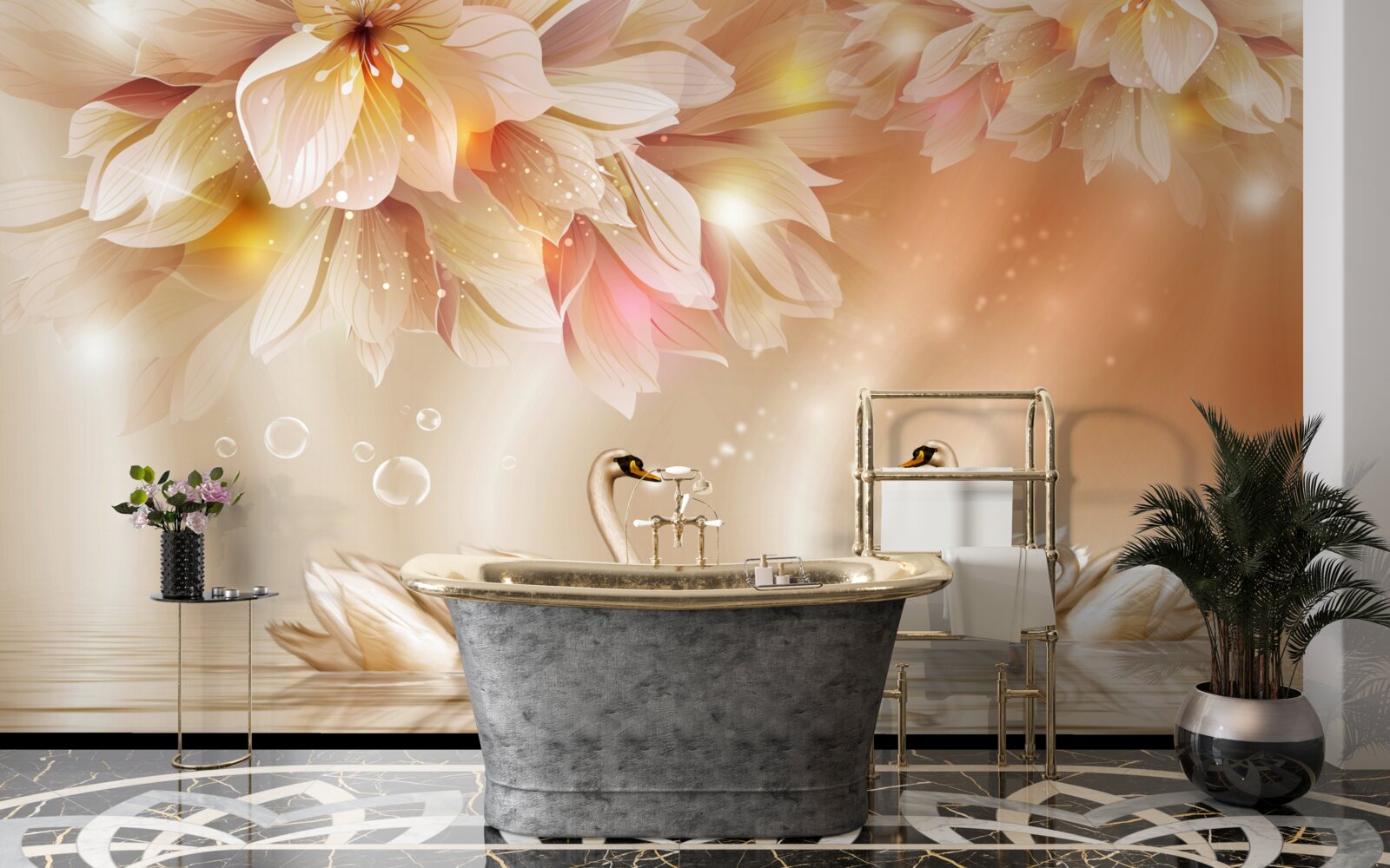 Fotobehang bloemen en een groep sierlijke zwanen op het wateroppervlak