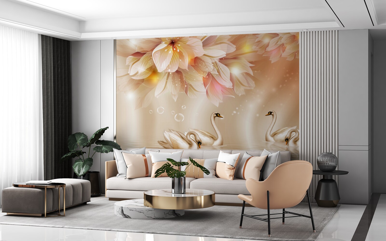 Fotobehang bloemen en een groep sierlijke zwanen op het wateroppervlak