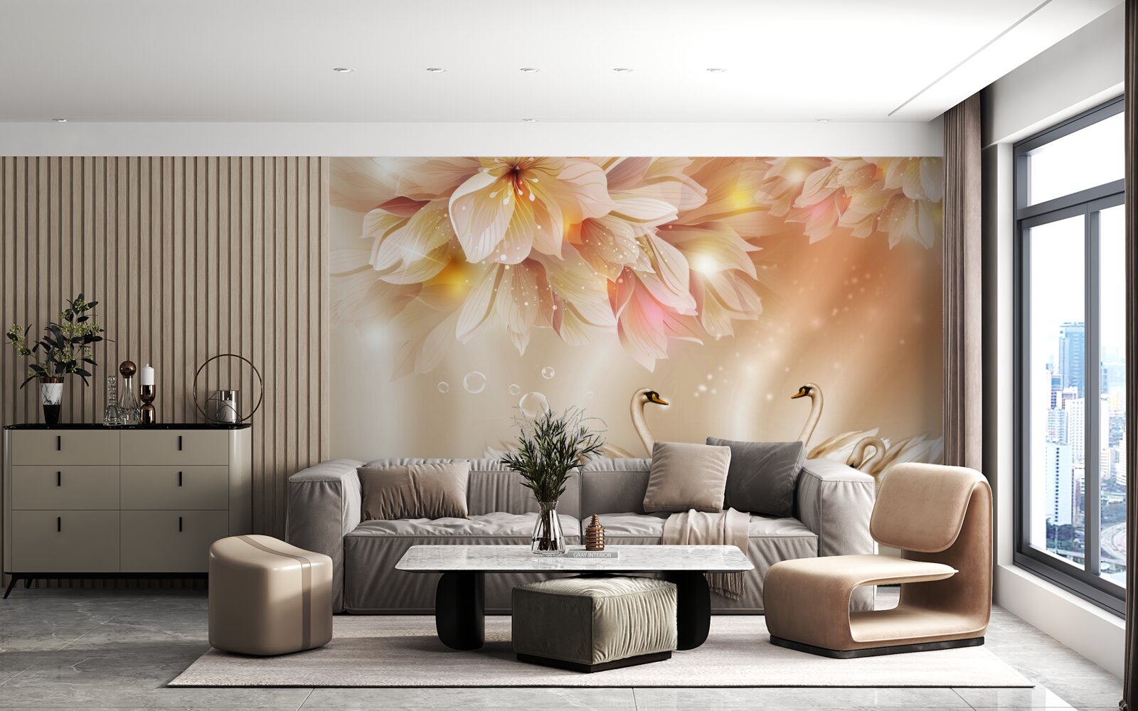 Fotobehang bloemen en een groep sierlijke zwanen op het wateroppervlak