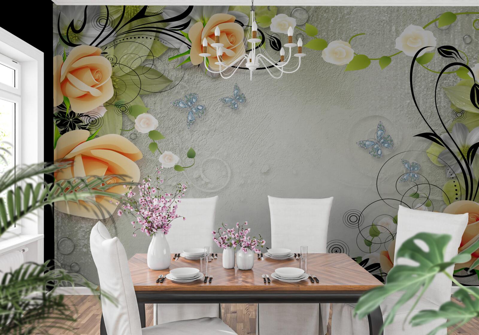 Fotobehang vlinders op de takken van een perzikroos