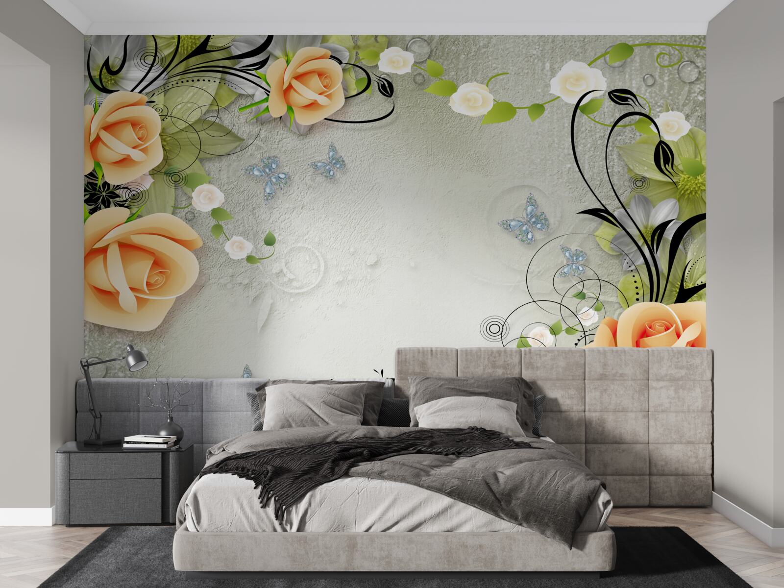 Fotobehang vlinders op de takken van een perzikroos