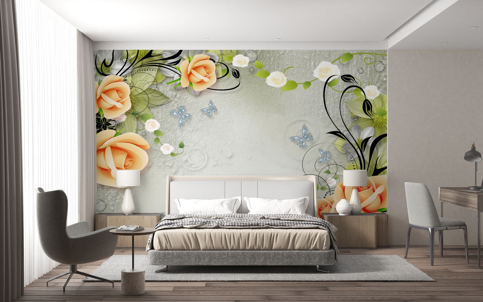 Fotobehang vlinders op de takken van een perzikroos