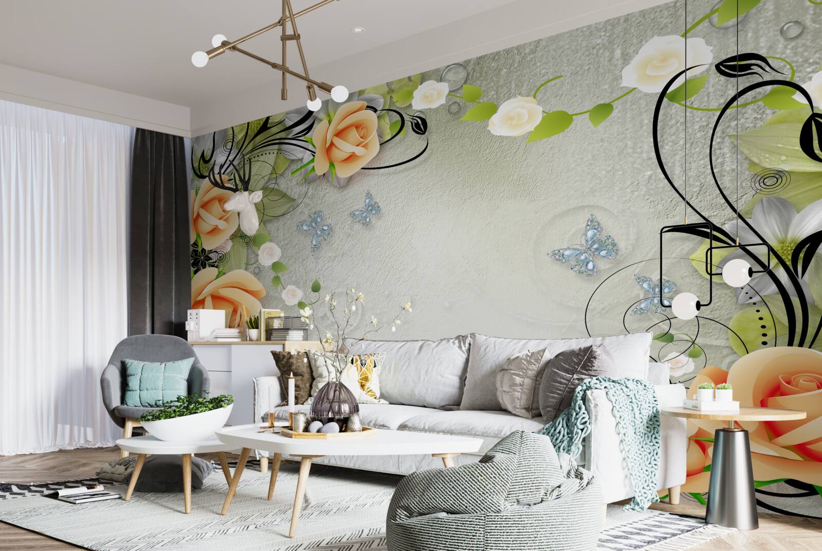 Fotobehang vlinders op de takken van een perzikroos