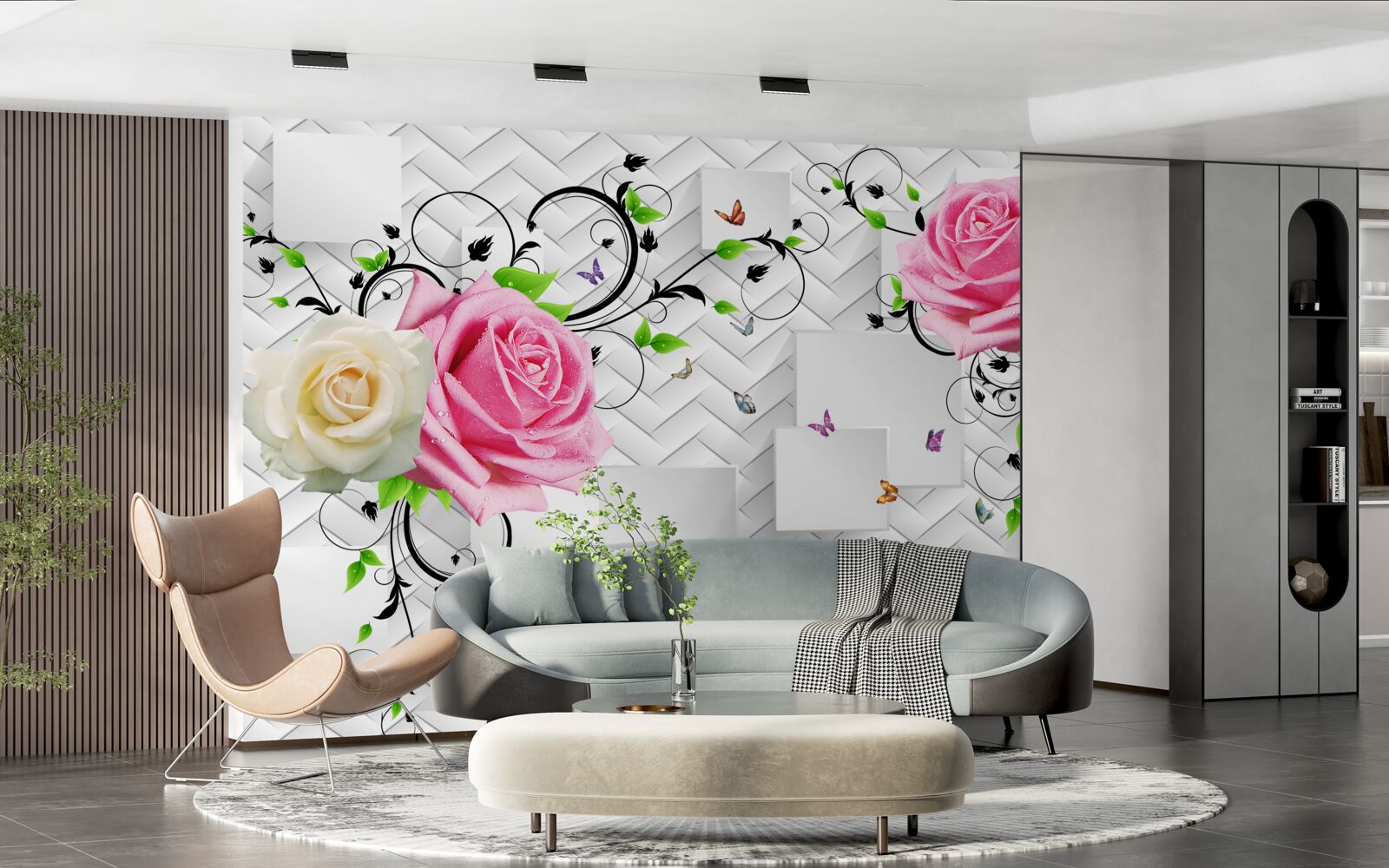 Fotobehang witte en roze rozen op een abstracte achtergrond