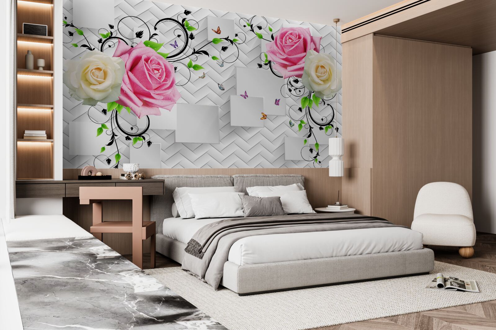 Fotobehang witte en roze rozen op een abstracte achtergrond