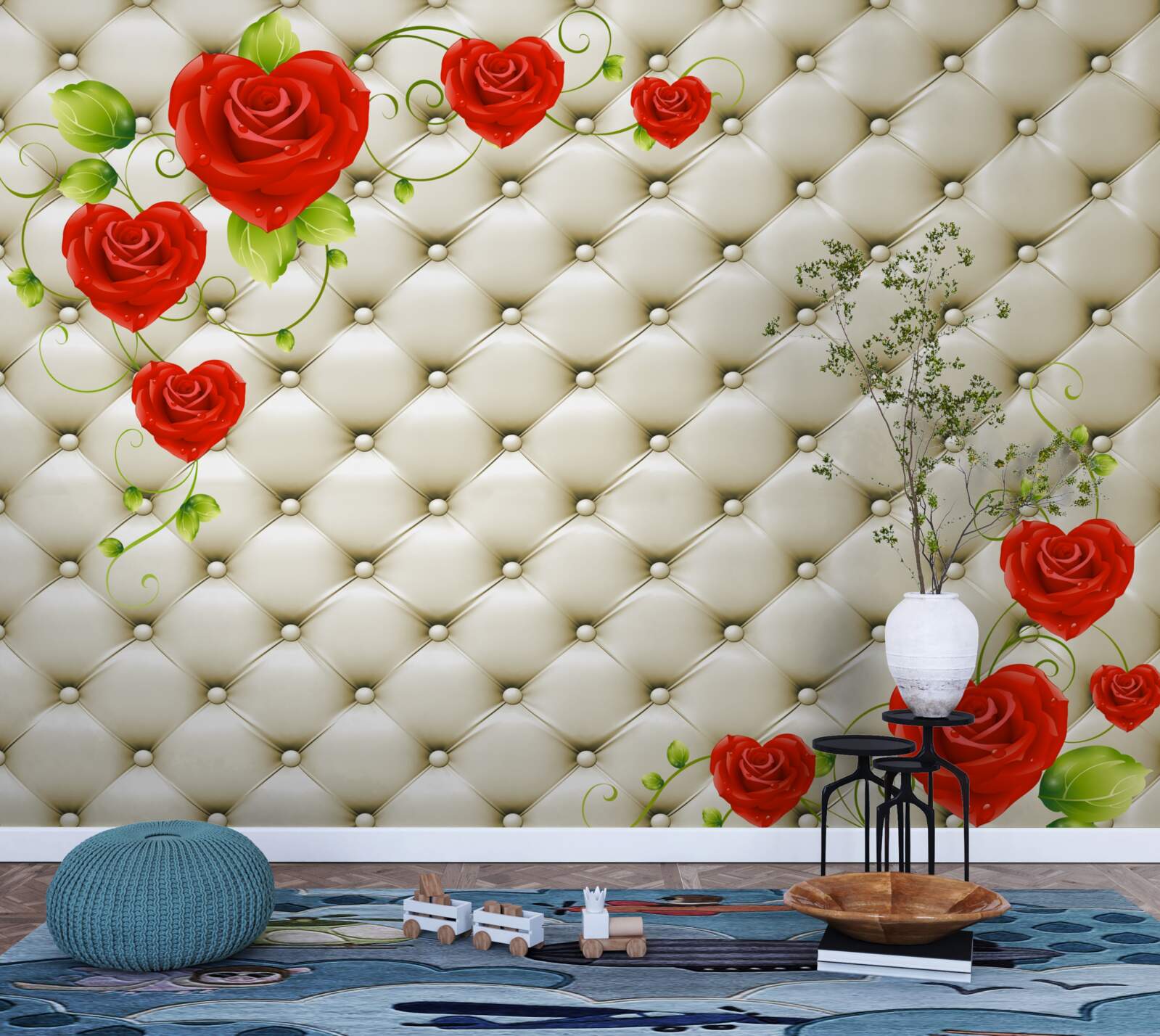 Fotobehang textuur van stof met decoratieve elementen en rode rozen