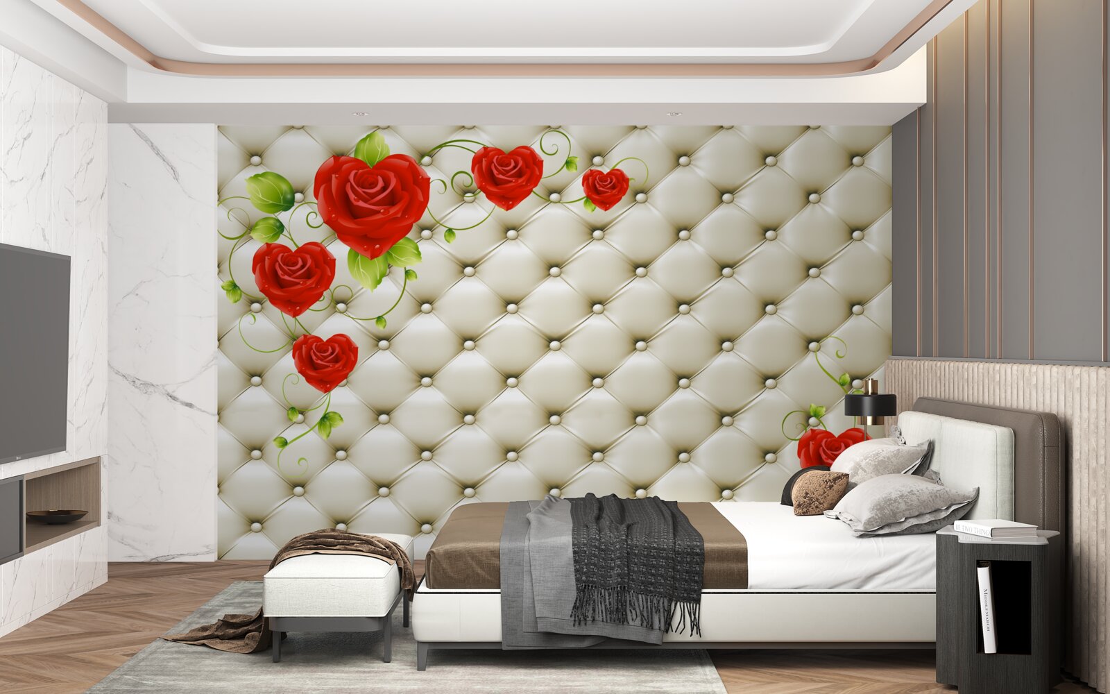 Fotobehang textuur van stof met decoratieve elementen en rode rozen