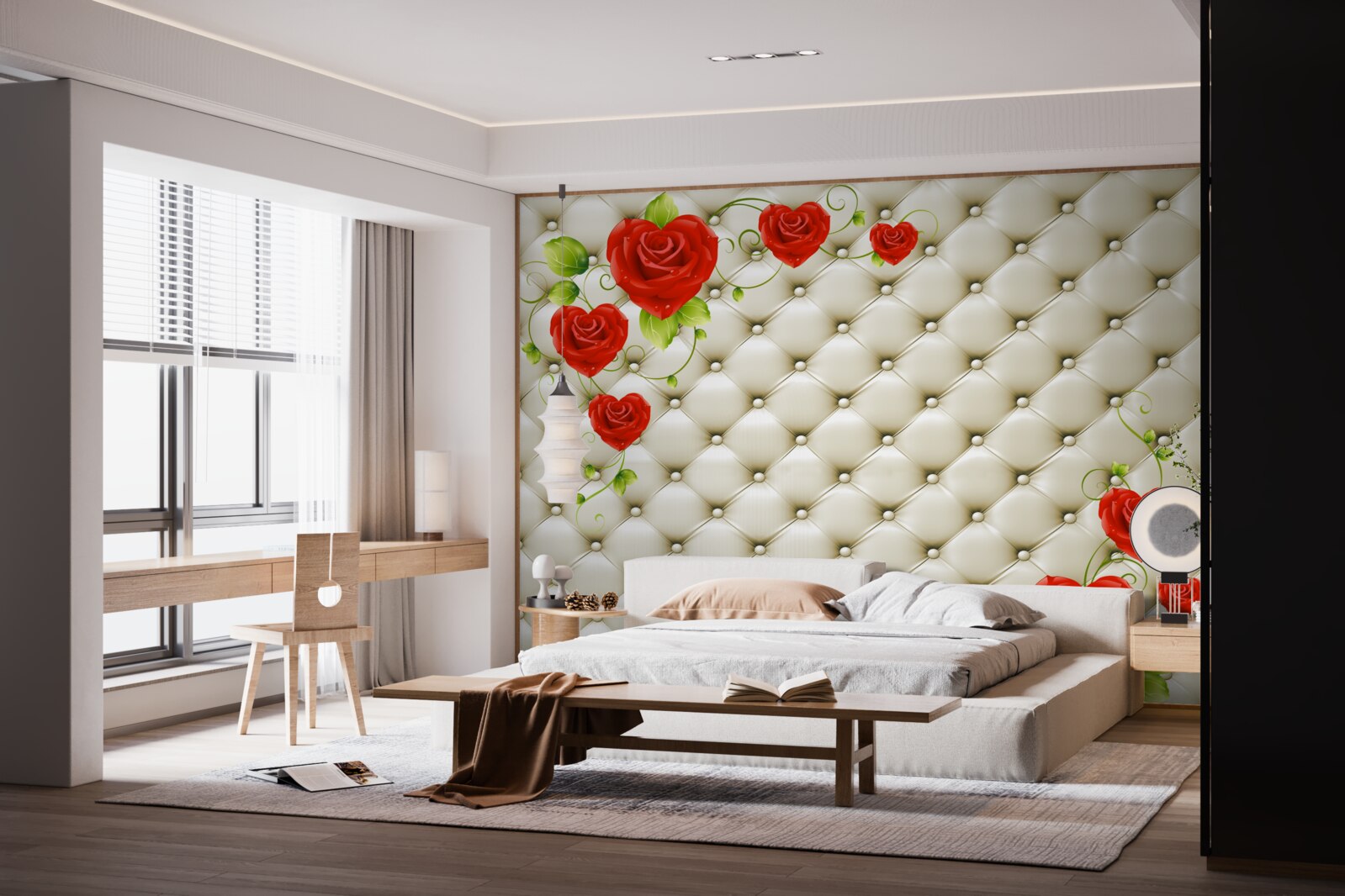 Fotobehang textuur van stof met decoratieve elementen en rode rozen