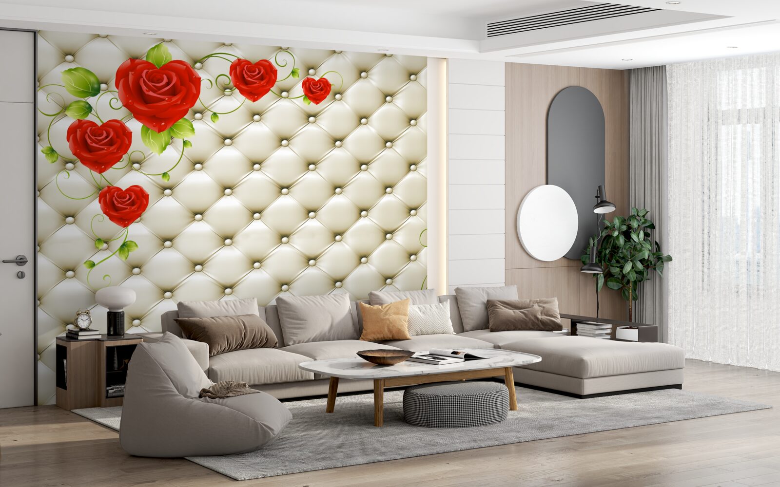 Fotobehang textuur van stof met decoratieve elementen en rode rozen