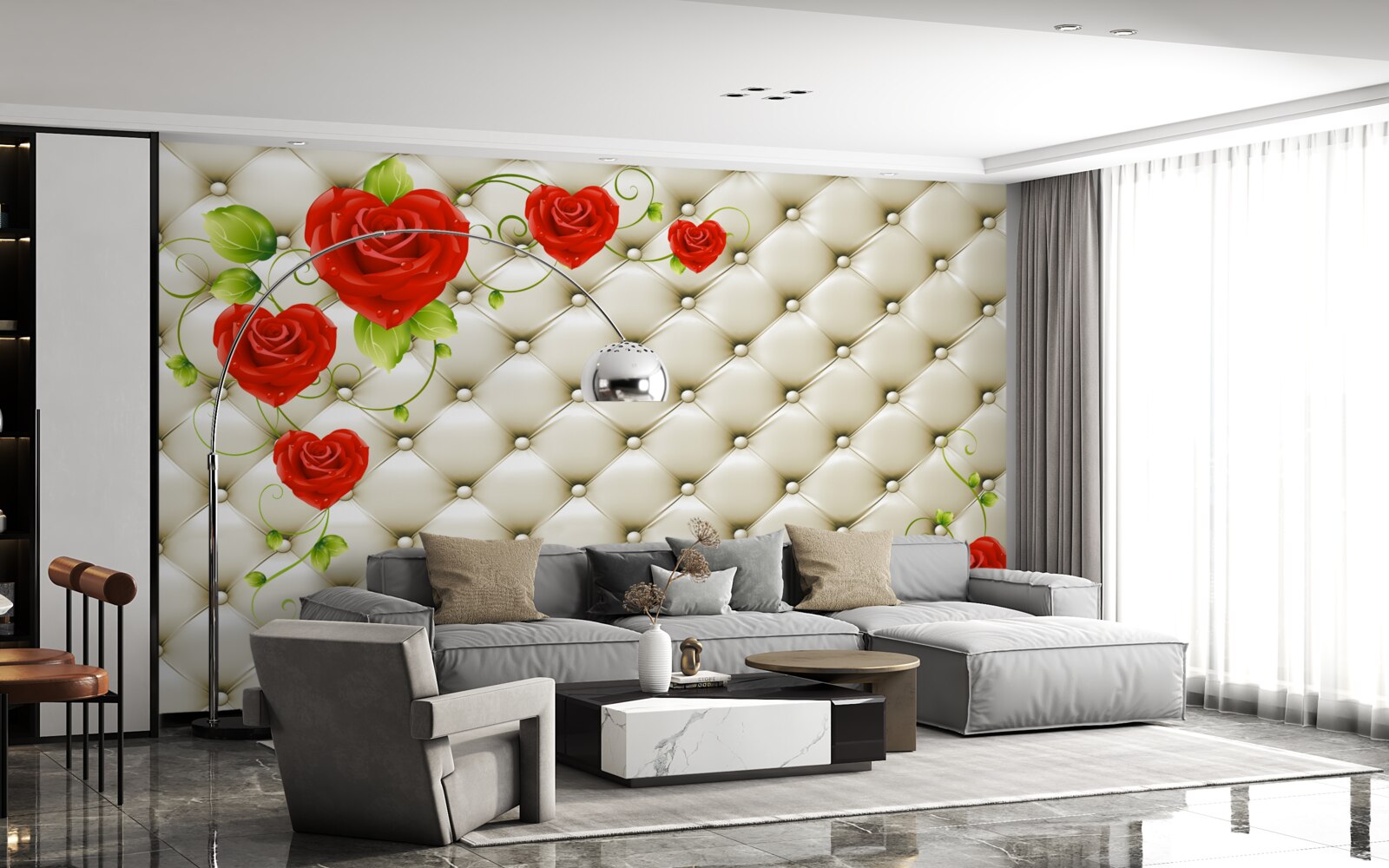 Fotobehang textuur van stof met decoratieve elementen en rode rozen