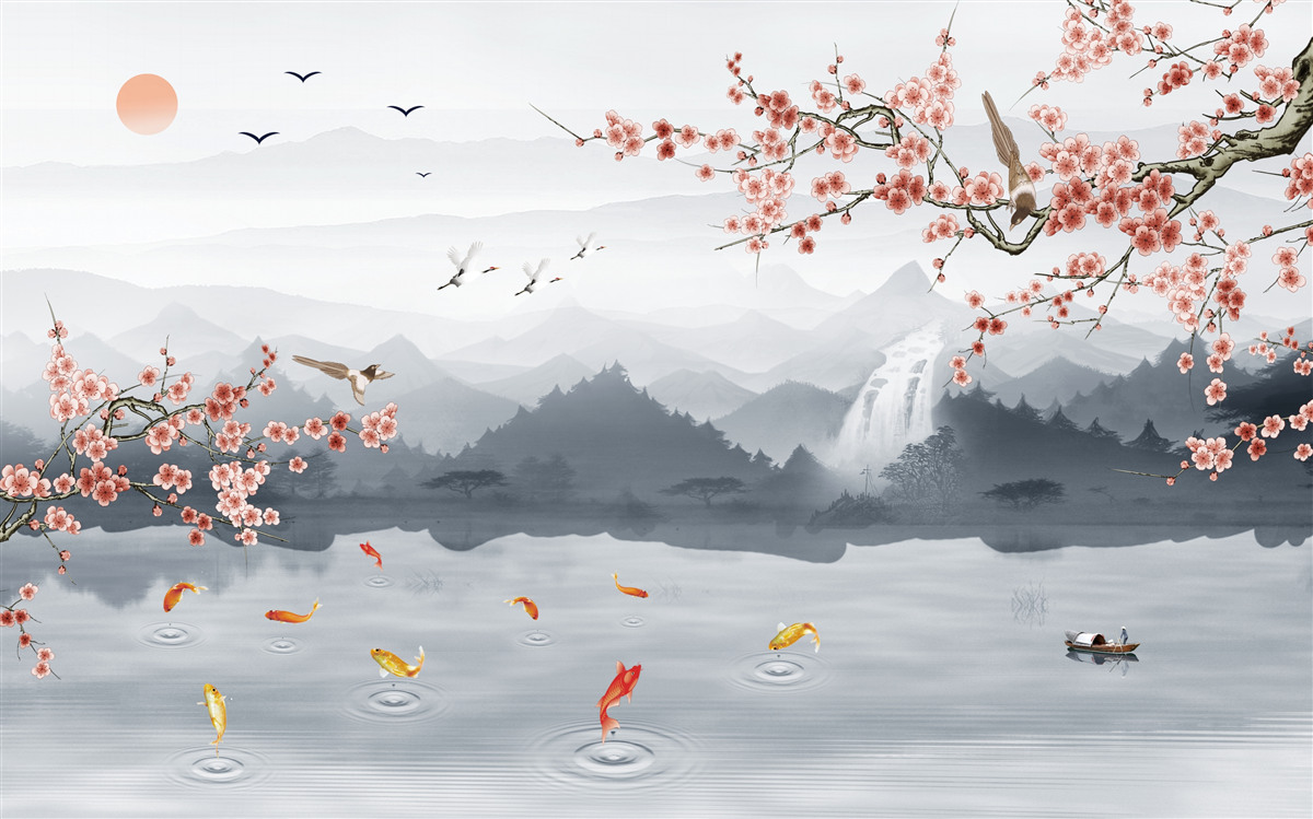 Fotobehang sakura bloeiend aan de voet van bergen en bij water