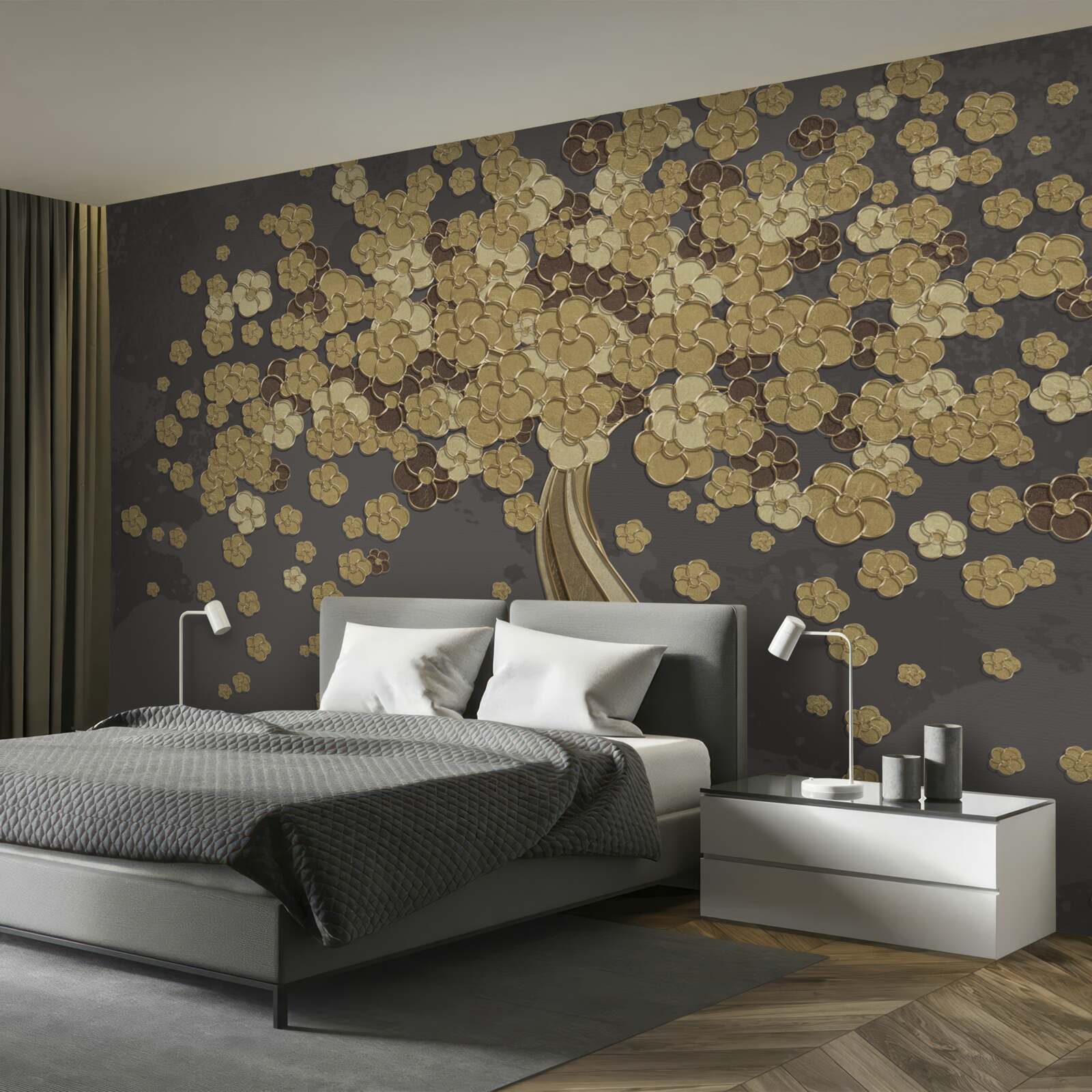 Fotobehang nachtboom bloeiend met goud