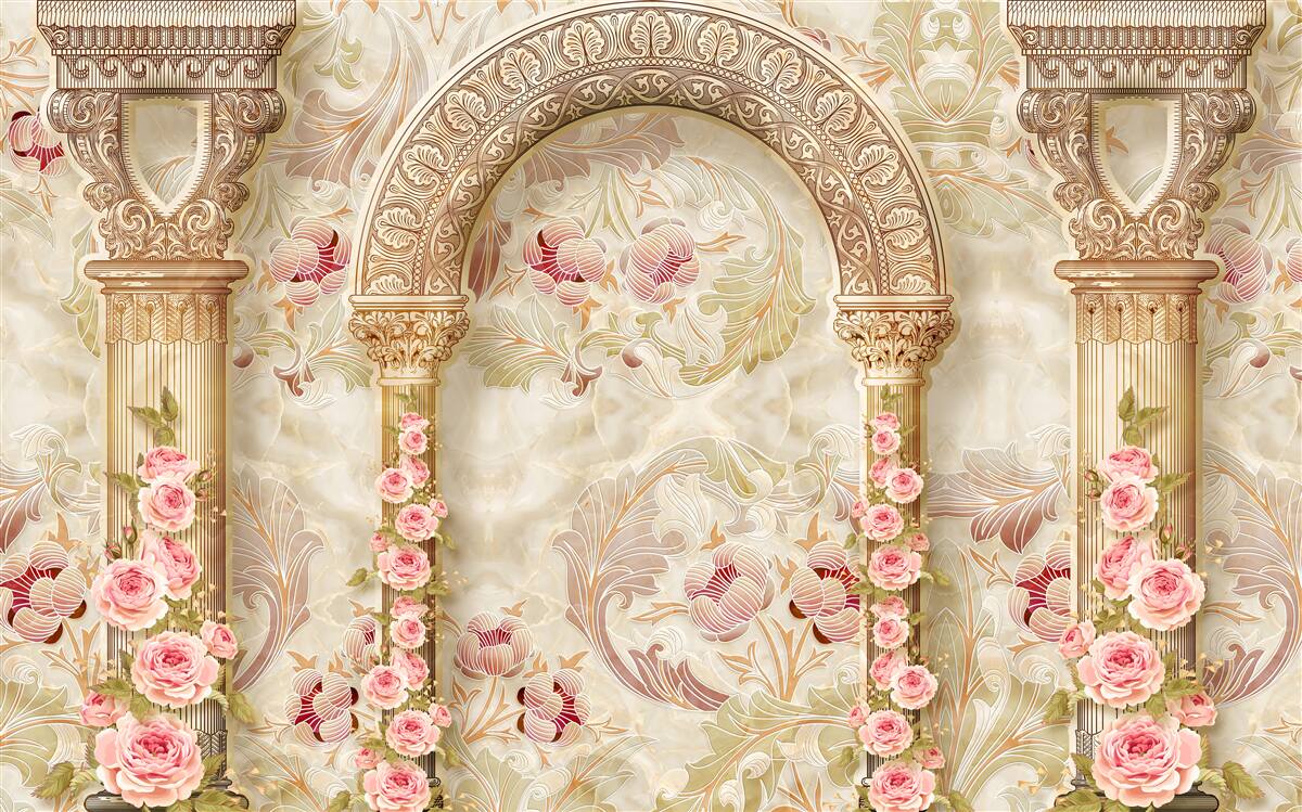 Fotobehang traditionele bogen versierd met rozenbloemen