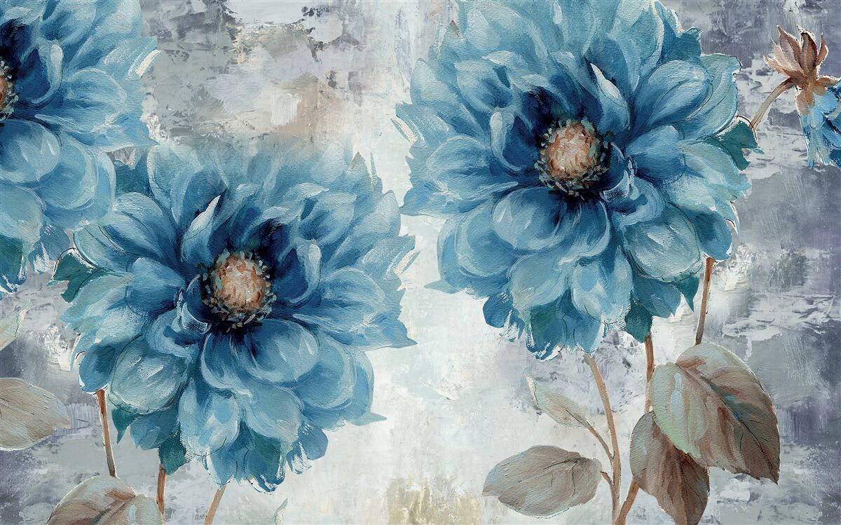 Fotobehang vogels en blauwe bloemen in de stromende zomerregen