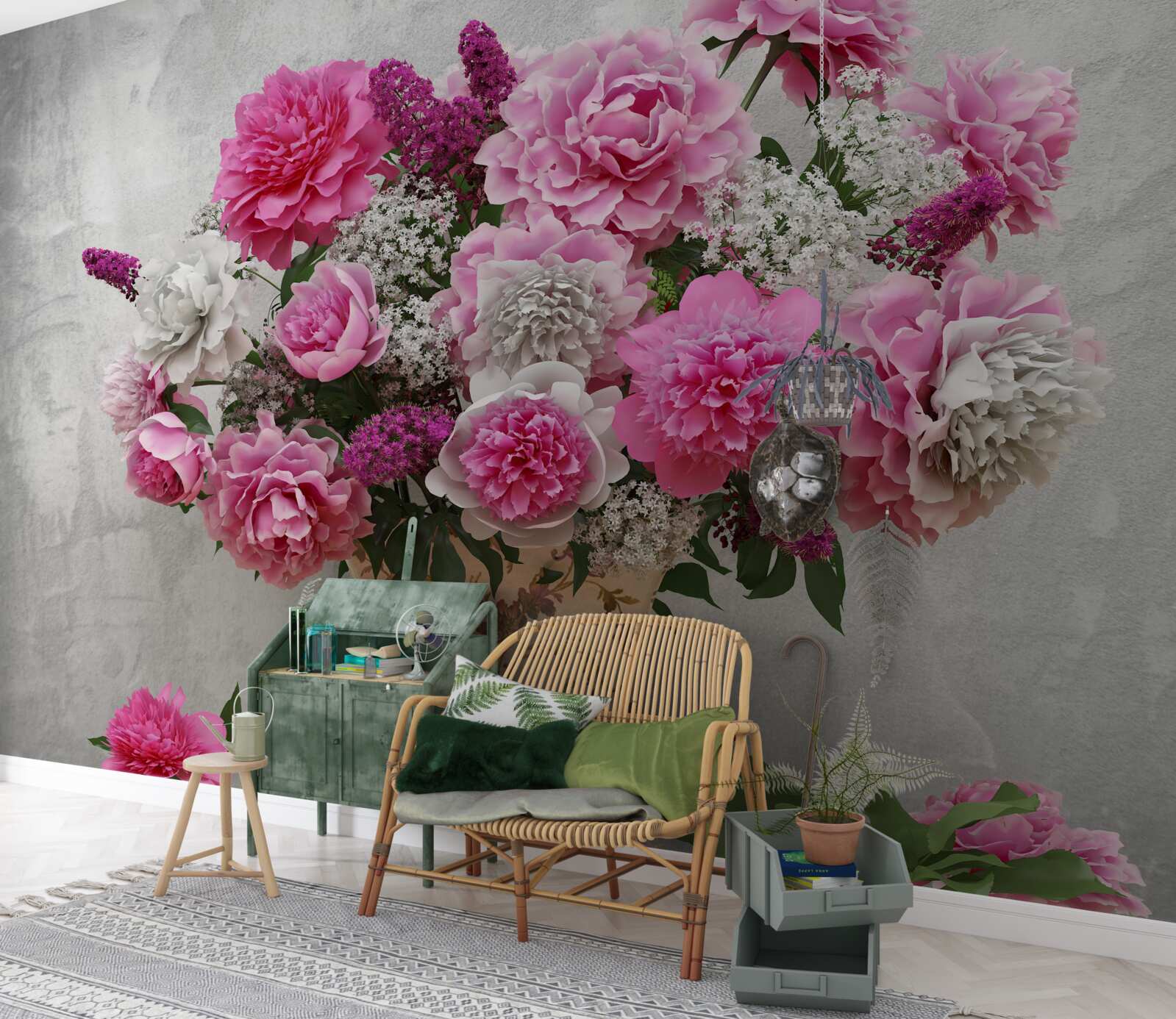 Fotobehang compositie van witte margrieten en seringbloesems