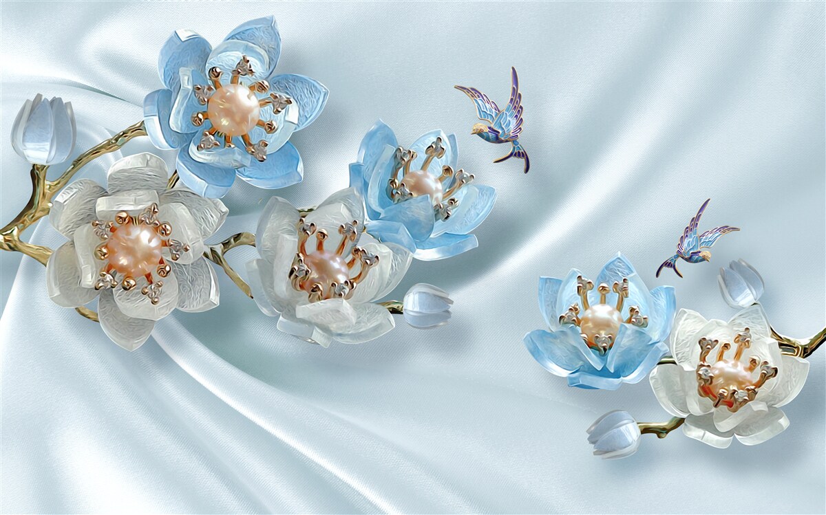 Fotobehang magnolia tak versierd met parels en goud op een zijden achtergrond