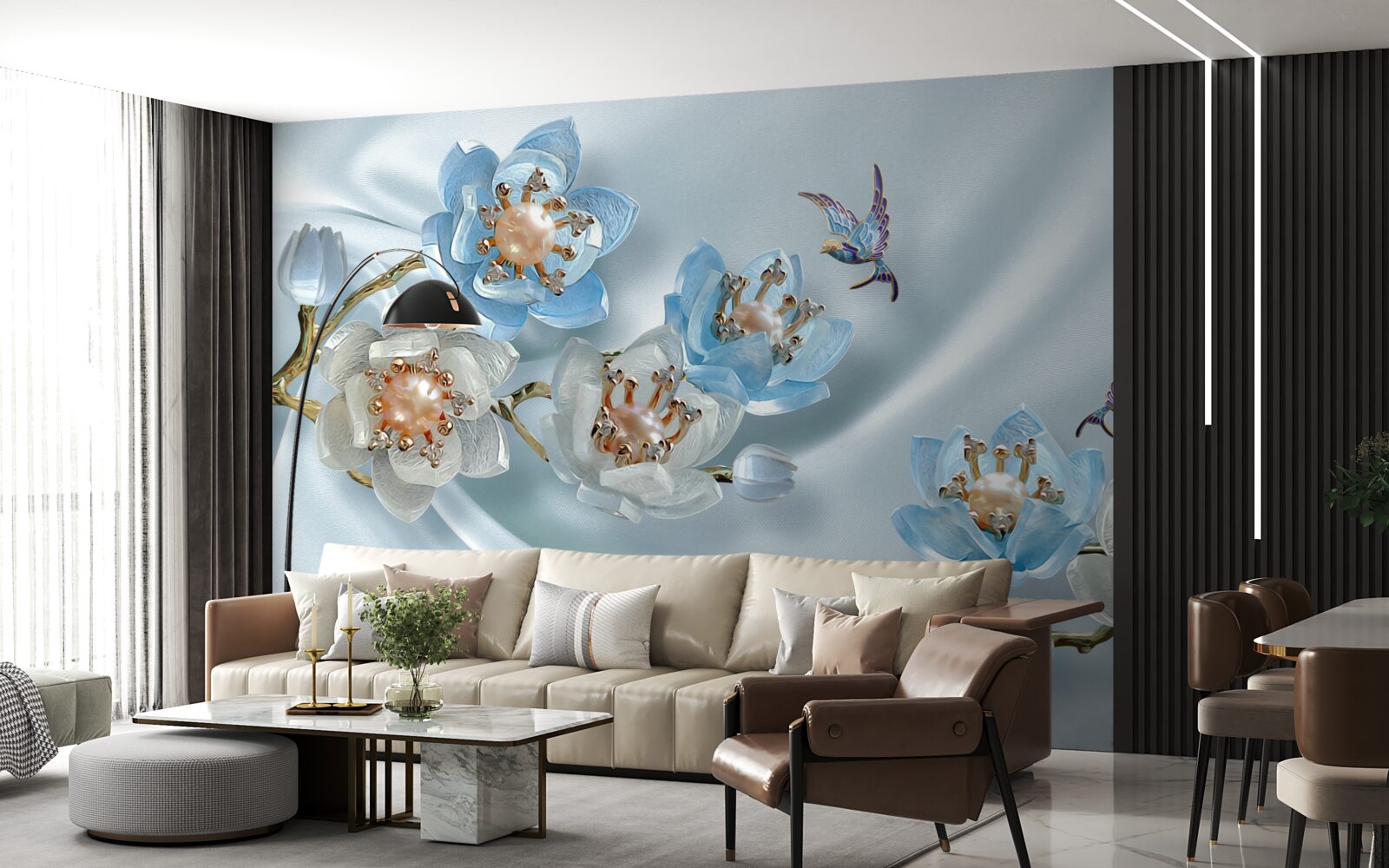 Fotobehang magnolia tak versierd met parels en goud op een zijden achtergrond