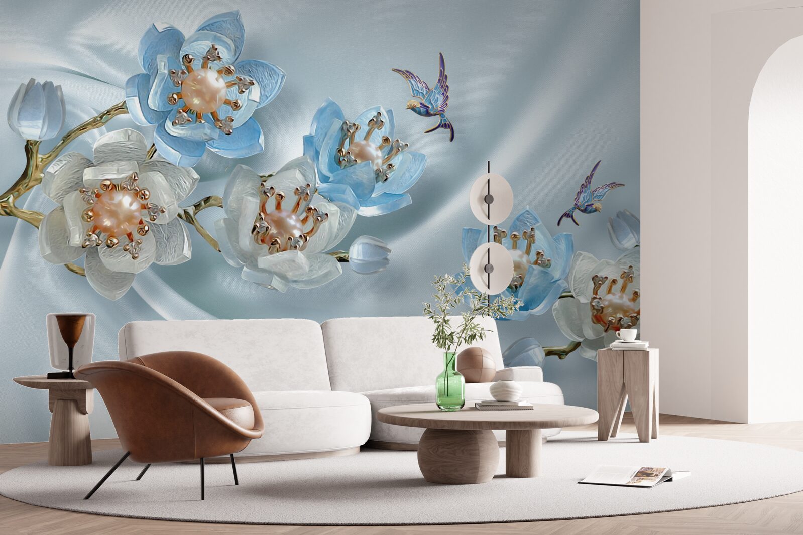 Fotobehang magnolia tak versierd met parels en goud op een zijden achtergrond