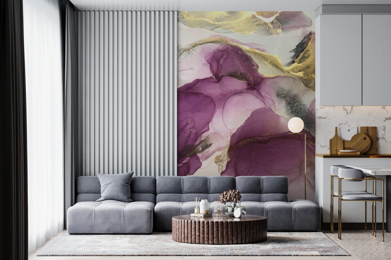 Fotobehang abstract in de vorm van vogels op paarse bladeren