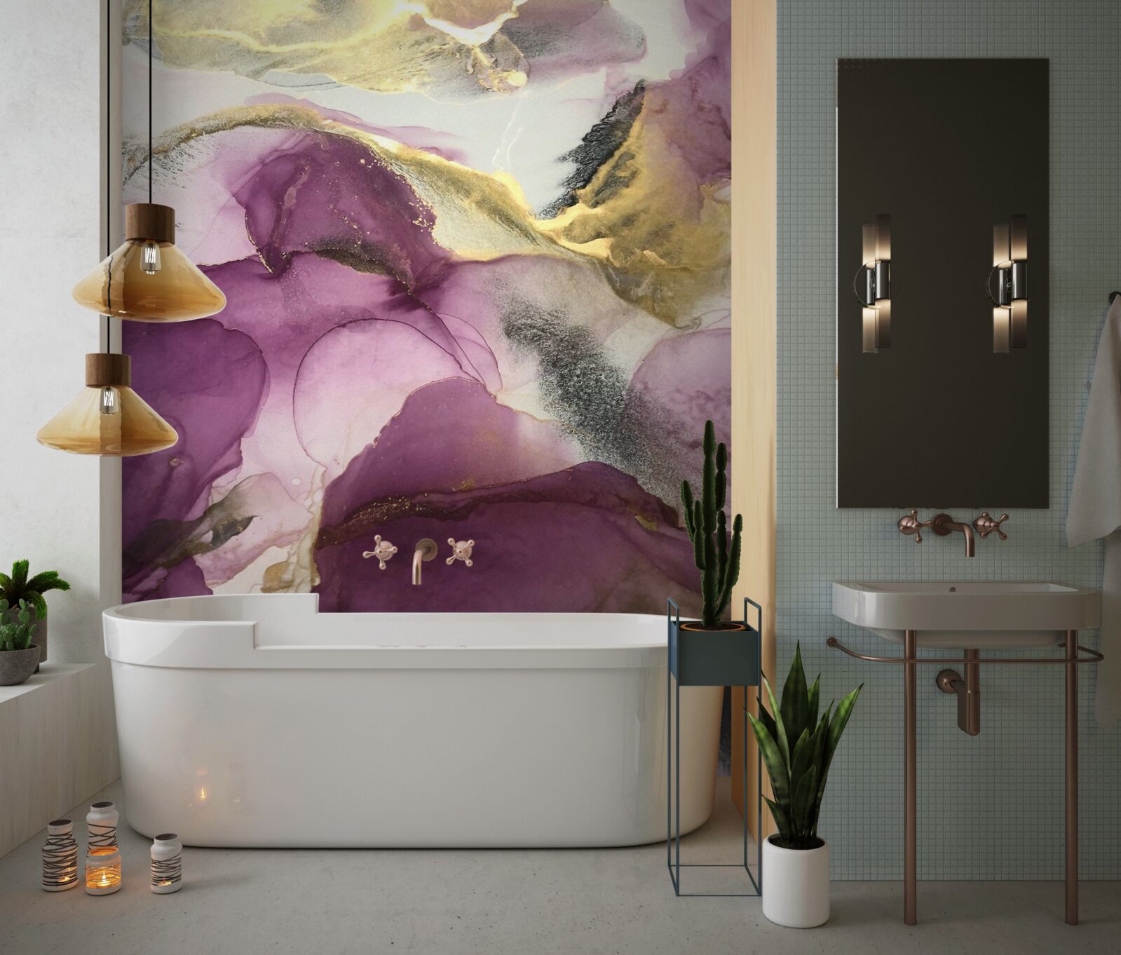 Fotobehang abstract in de vorm van vogels op paarse bladeren