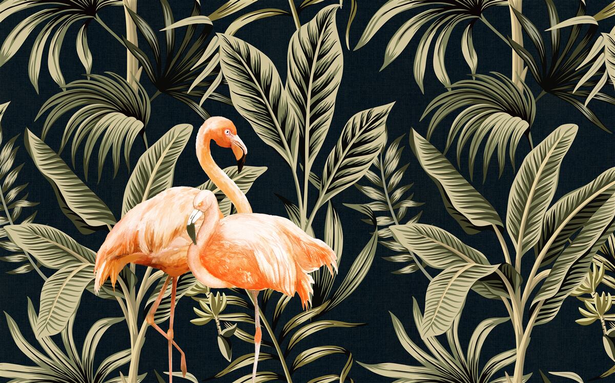 Fotobehang roze flamingo's maken een wandeling in het bos