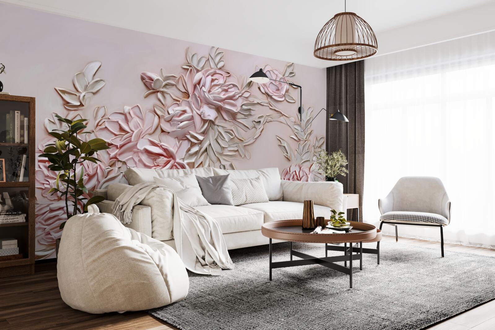 Fotobehang groene bladeren aan een tak met roze bloemen