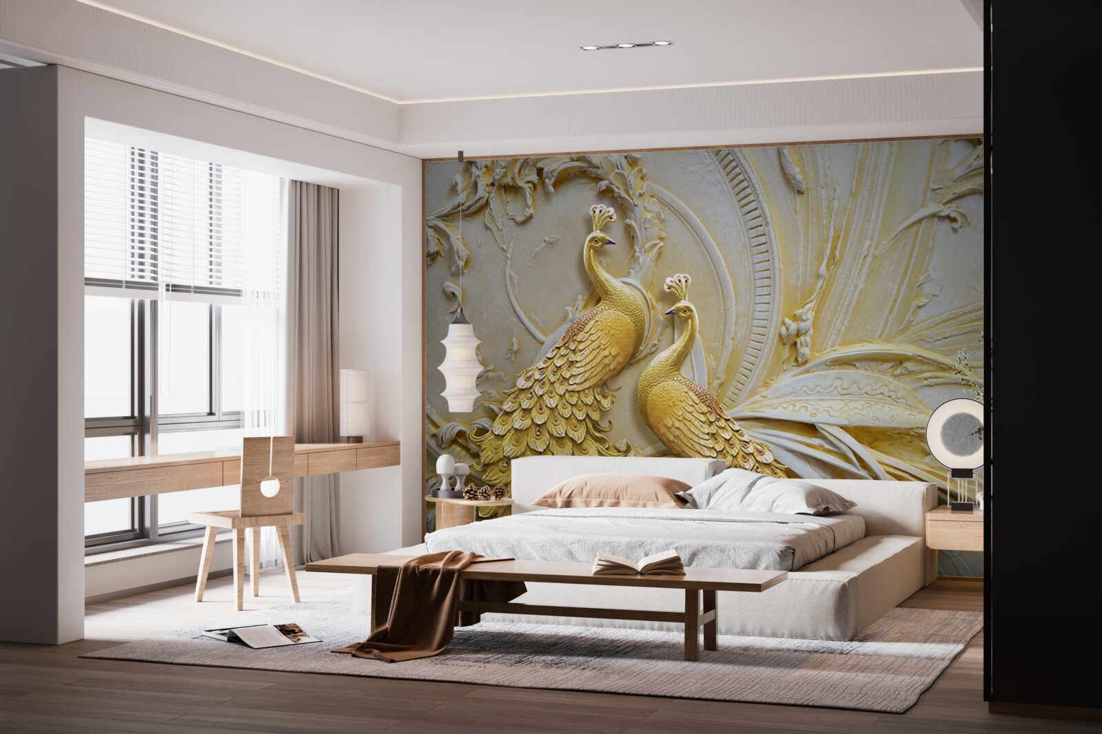 Fotobehang volumetrisch paar gouden pauwen