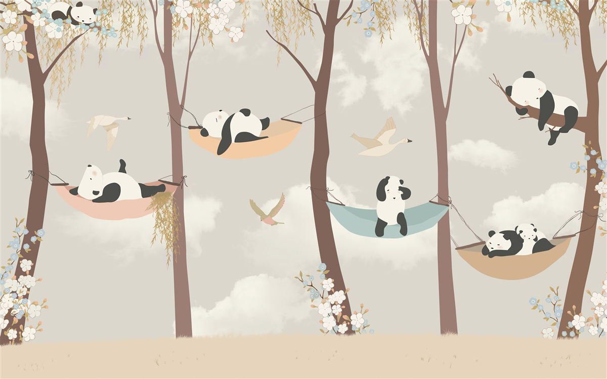 Fotobehang Panda's rustend op hangmatten
