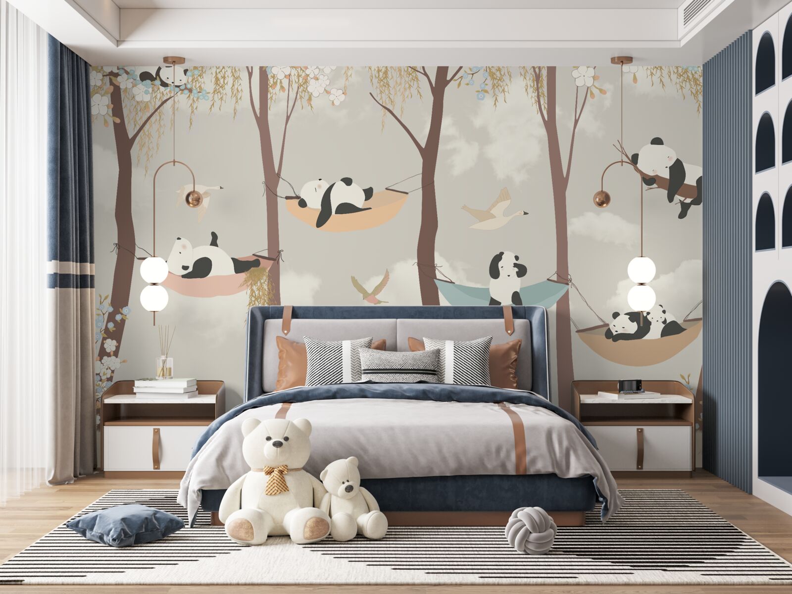 Fotobehang Panda's rustend op hangmatten