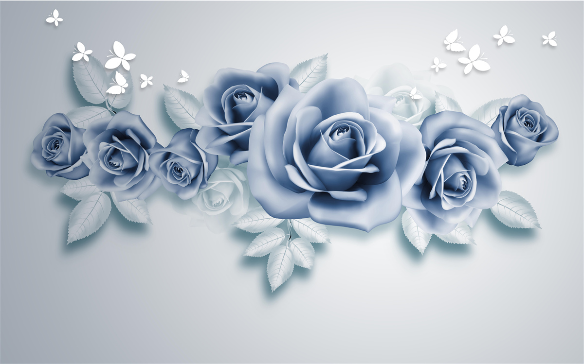 Fotobehang Sneeuwwitte vlinders en zachtblauwe rozen