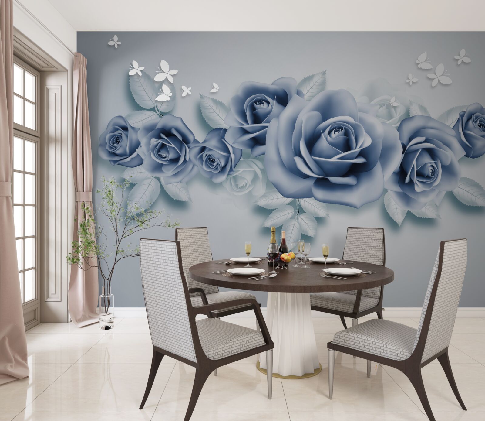 Fotobehang Sneeuwwitte vlinders en zachtblauwe rozen