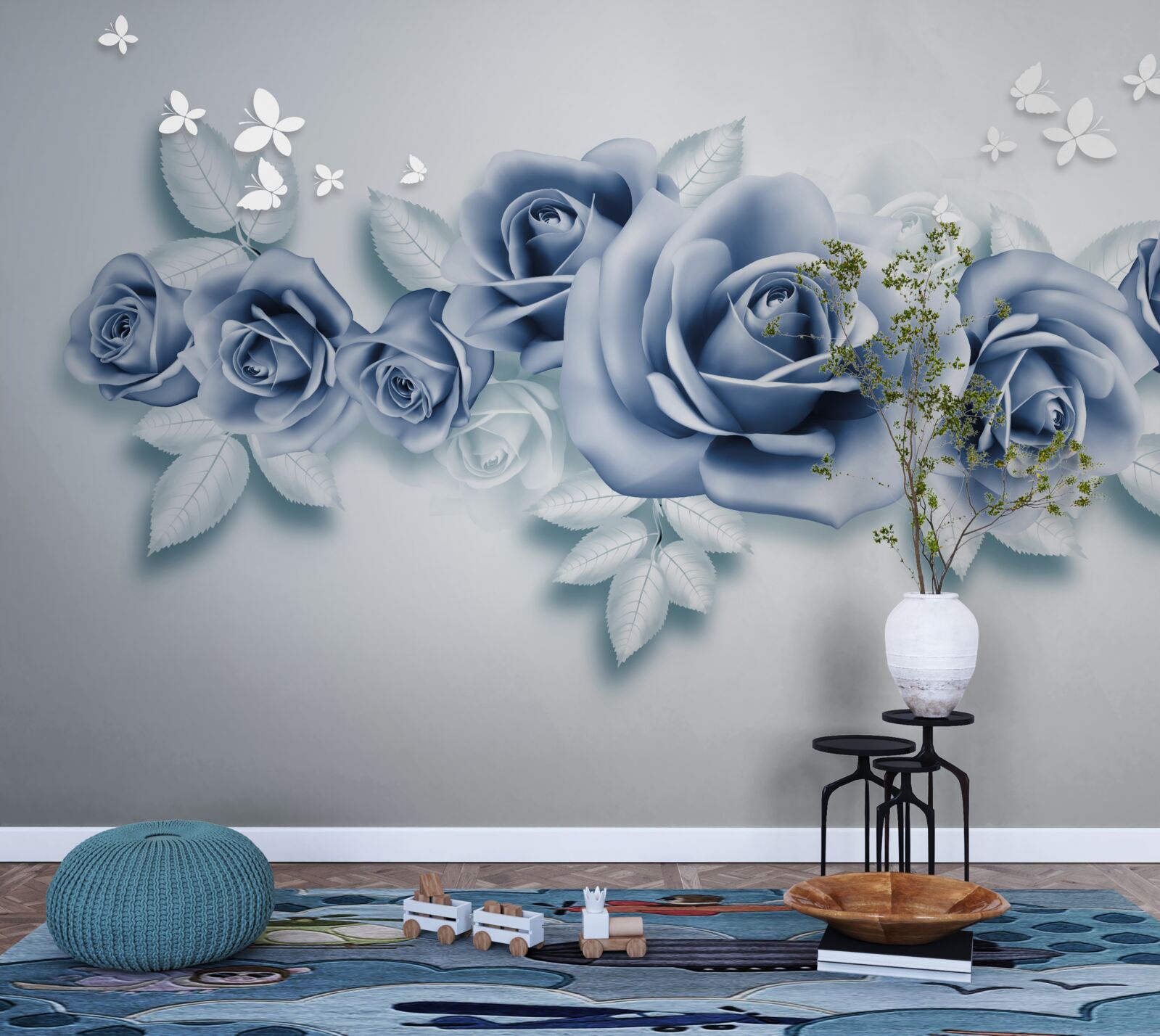 Fotobehang Sneeuwwitte vlinders en zachtblauwe rozen