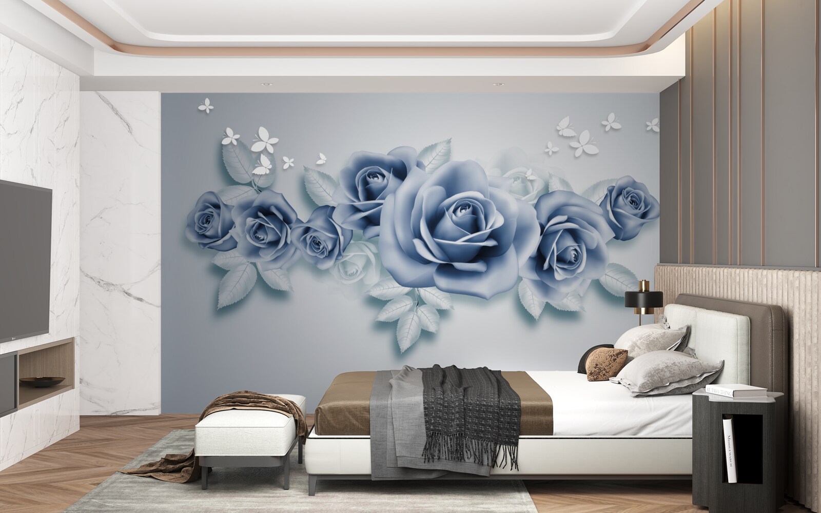 Fotobehang Sneeuwwitte vlinders en zachtblauwe rozen