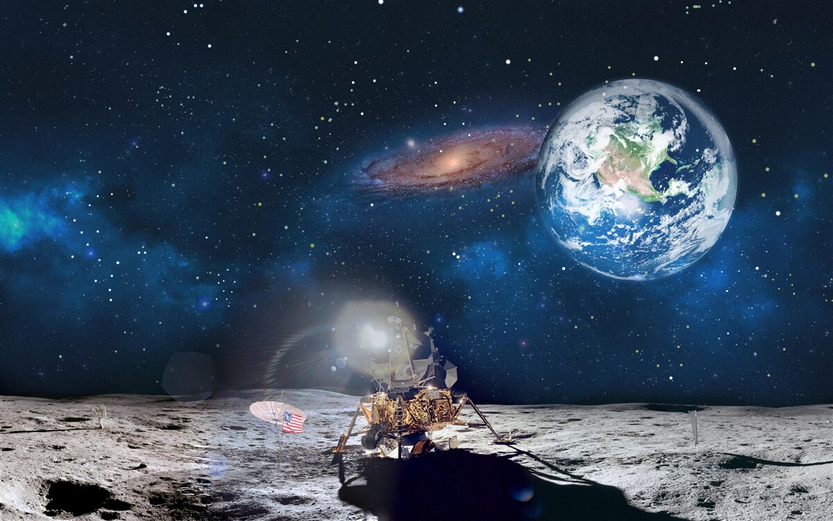 Fotobehang zicht op de aarde vanuit het kosmische perspectief van de maan met futuristische elementen