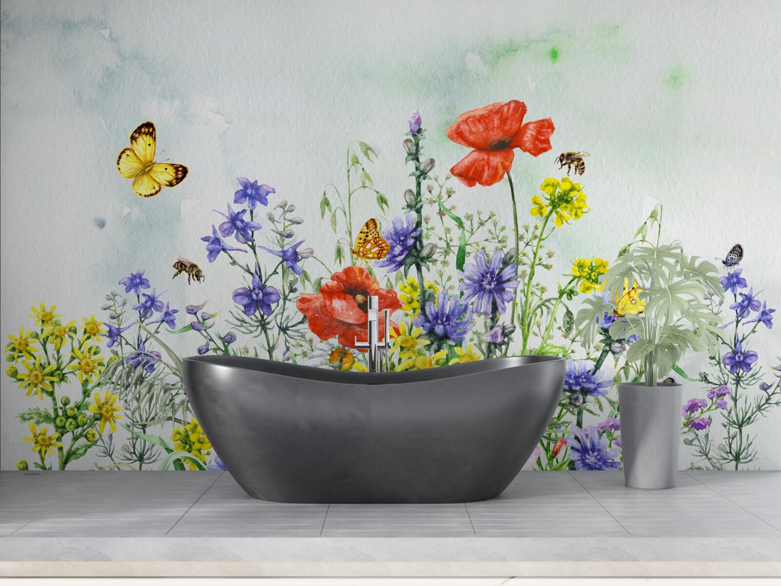 Fotobehang Spectaculaire vlinders en weidebloemen in de zomer