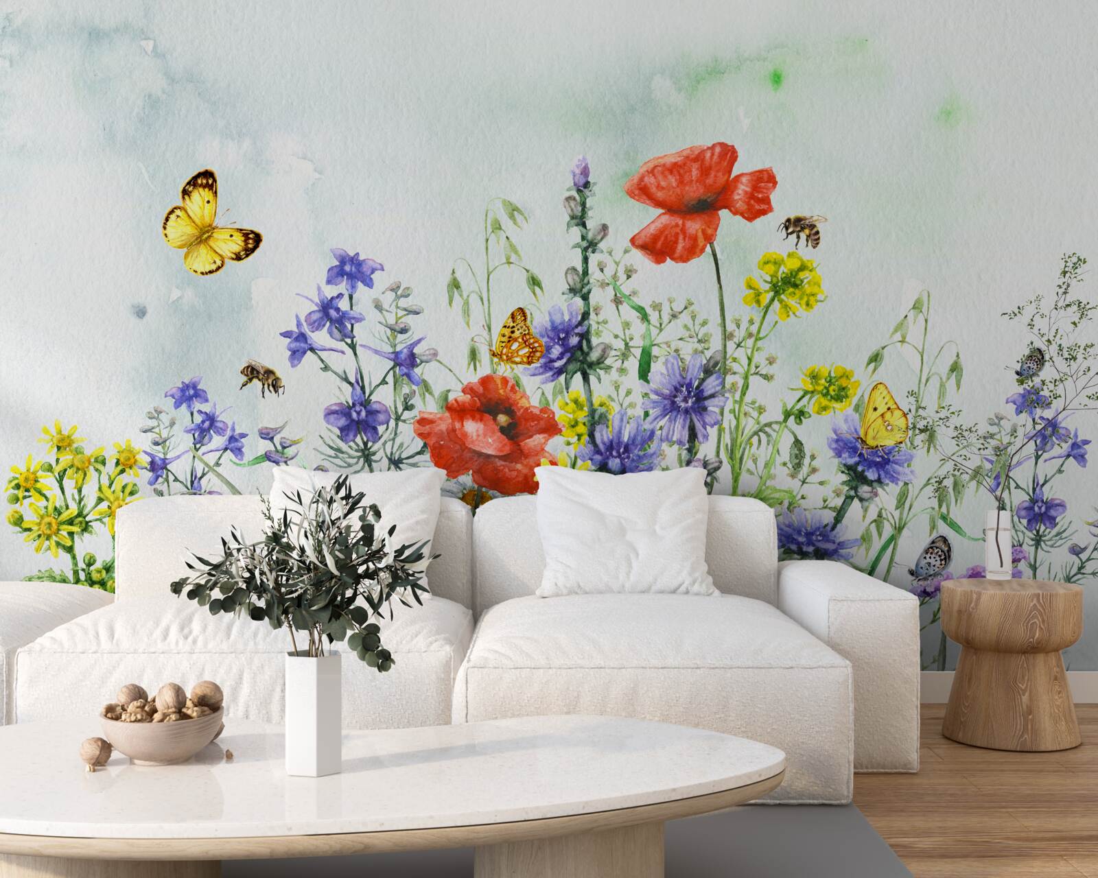 Fotobehang Spectaculaire vlinders en weidebloemen in de zomer