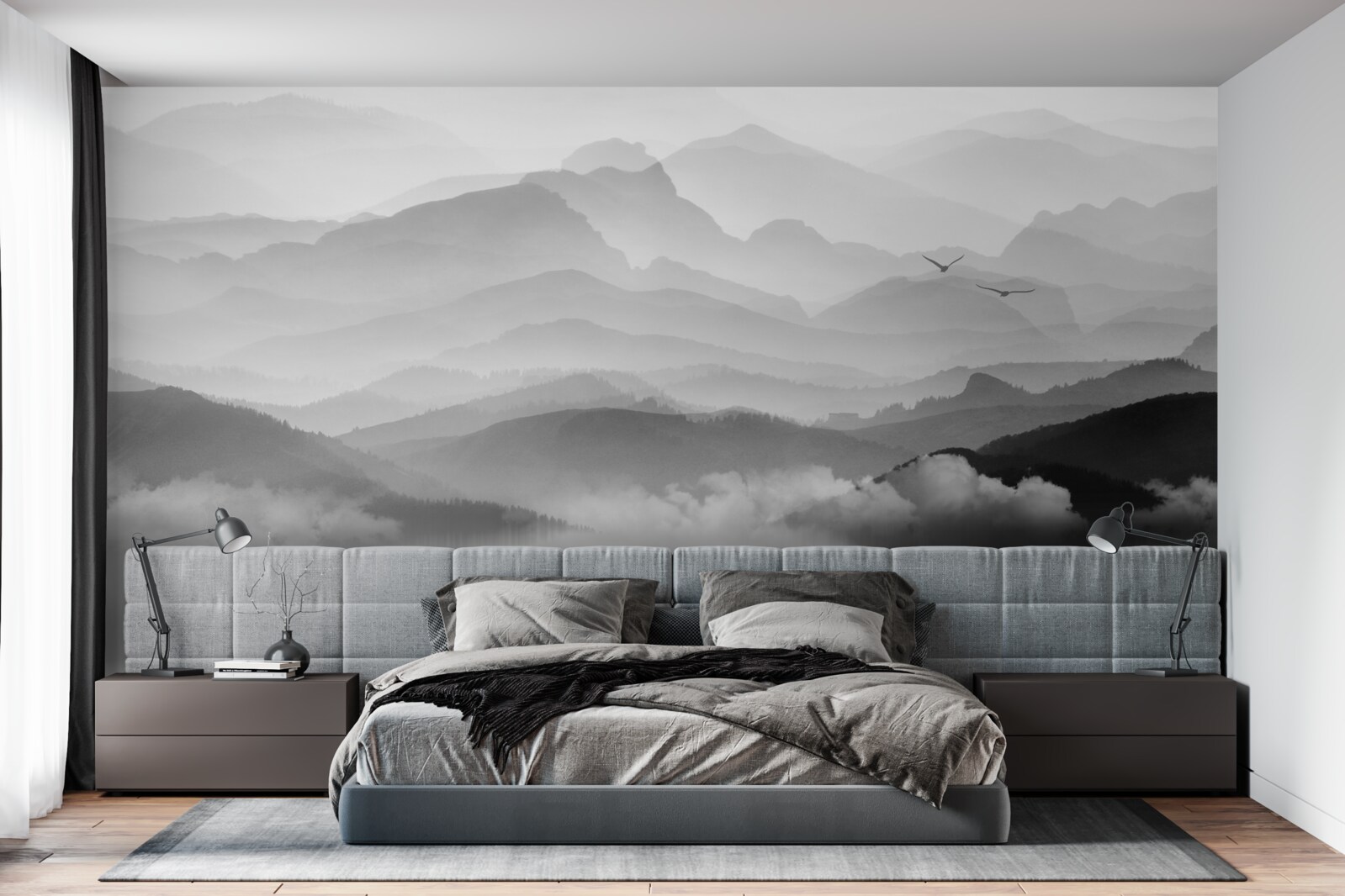 Fotobehang visser keert terug over misty mountain lake