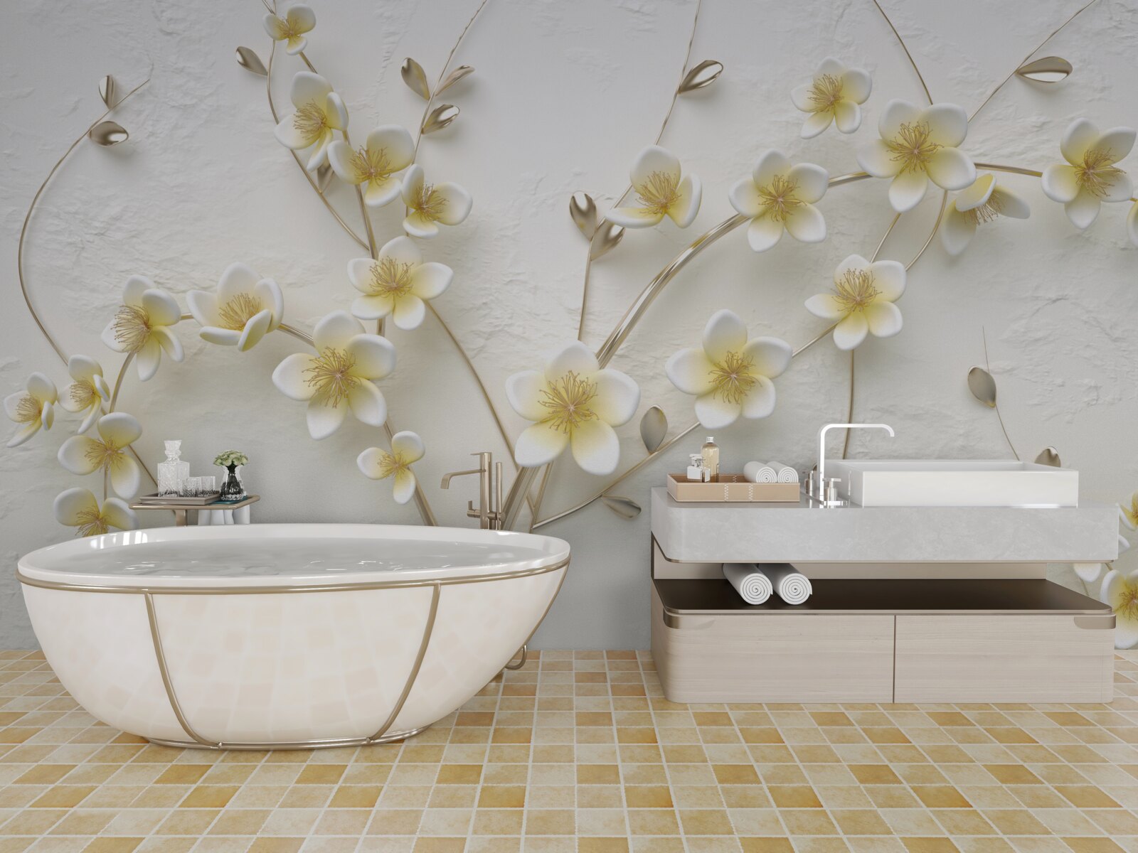 Fotobehang witte takken van magnolia met gele kern