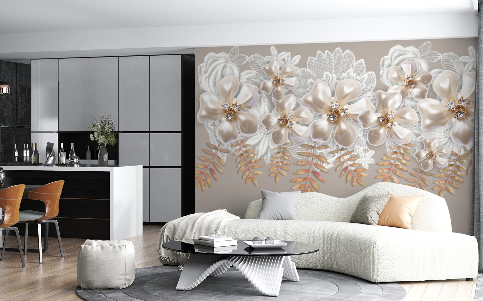 Fotobehang witte knoppen, glinsterend van heldere schoonheid, aan gouden takken