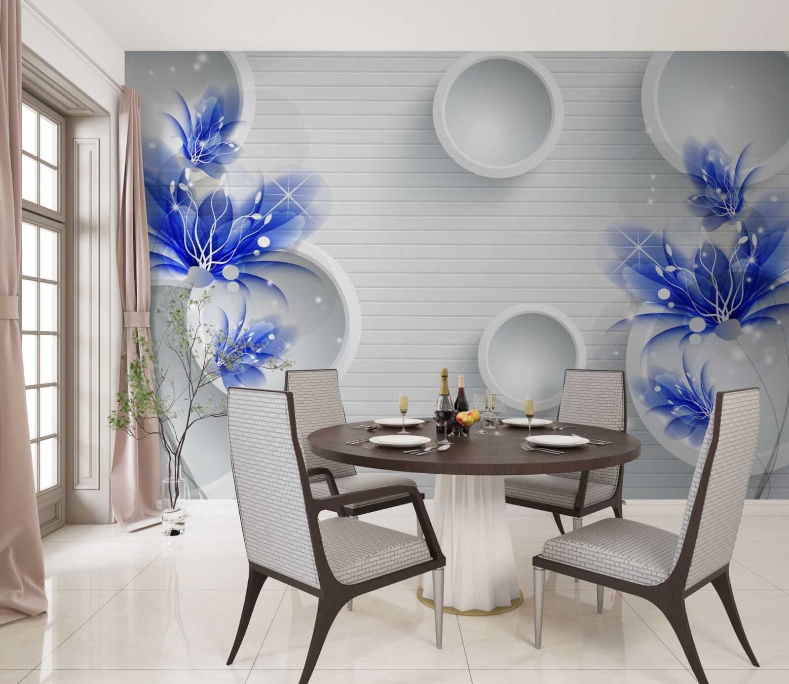 Fotobehang blauwe knoppen op een abstracte achtergrond met cirkels